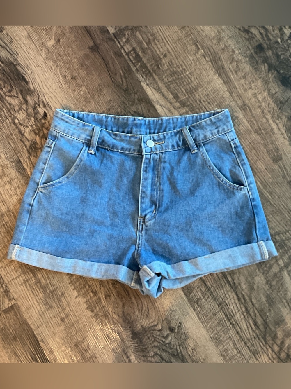 SHEIN Blue High-Rise Rolled Hem Denim Shorts
